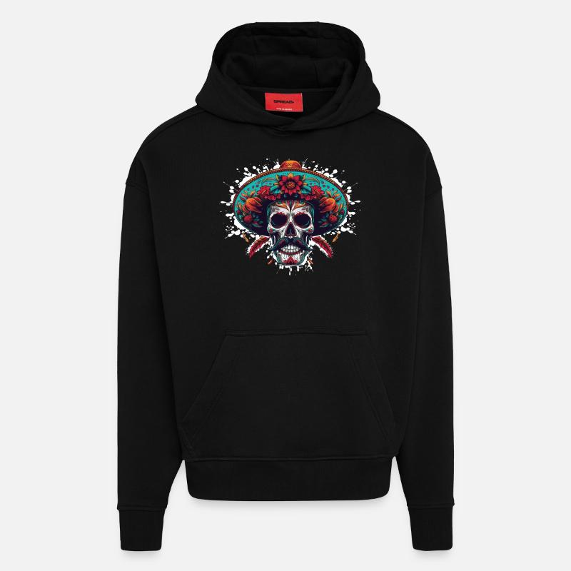 Crâne mexicain - Sweat à capuche bio épais oversize fabriqué en UE - SOLID BLACK