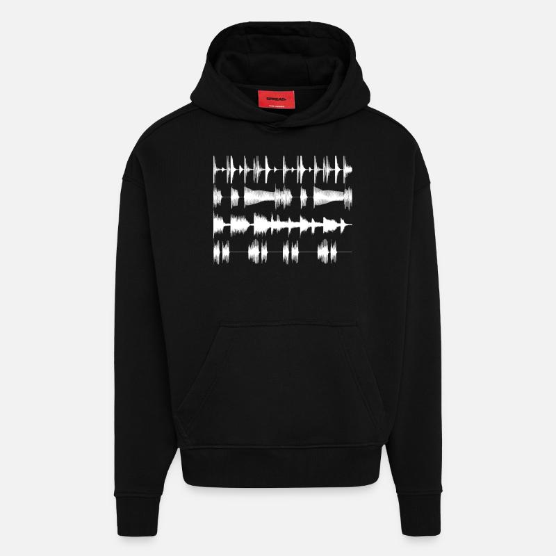 White waveforms - Sweat à capuche bio épais oversize fabriqué en UE - SOLID BLACK