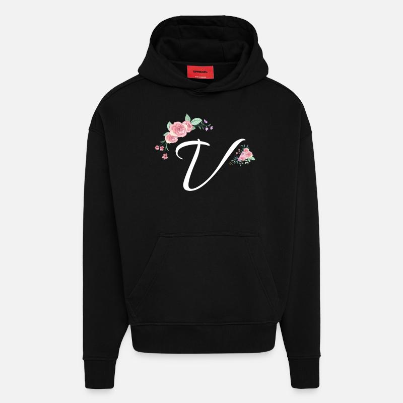 Lettre v fleurs - Sweat à capuche bio épais oversize fabriqué en UE - SOLID BLACK