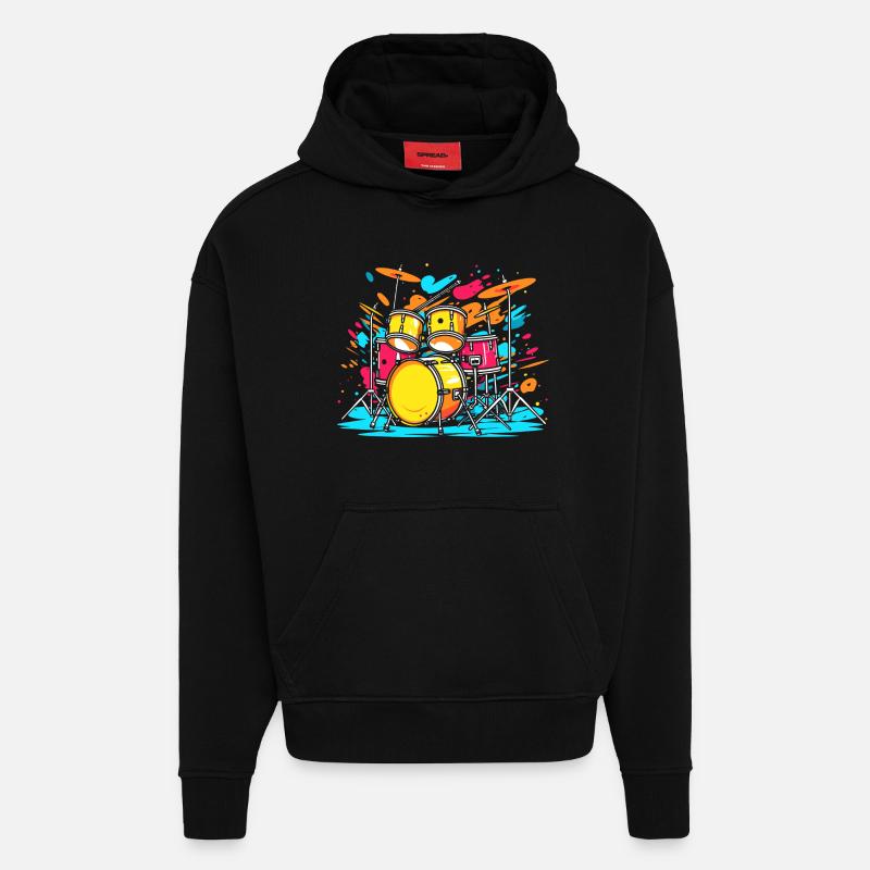 Portrait de tambour - Sweat à capuche bio épais oversize fabriqué en UE - SOLID BLACK