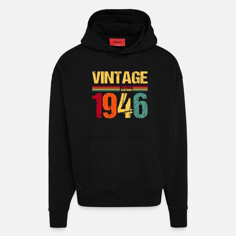 80e anniversaire Né en 1946 - Sweat à capuche bio épais oversize fabriqué en UE - SOLID BLACK