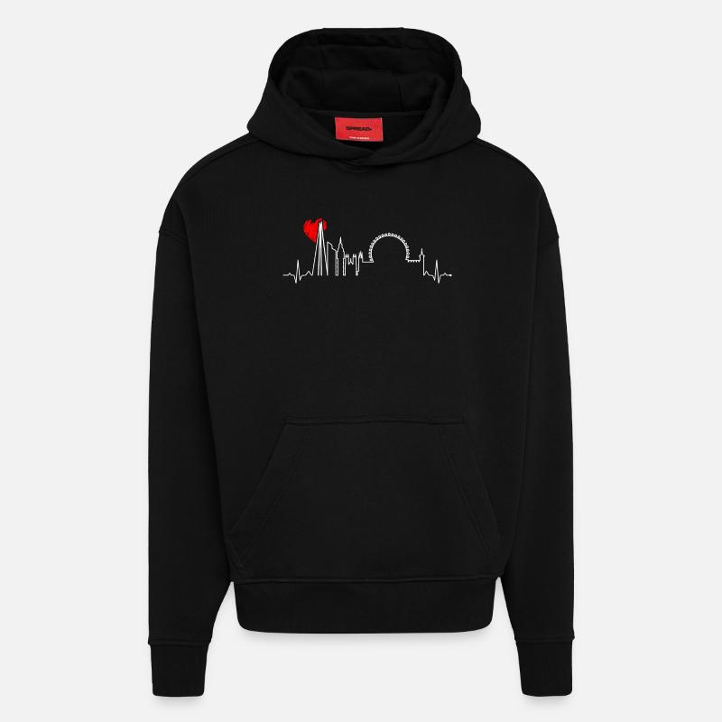 Battement de cœur urbain Skyline - Sweat à capuche bio épais oversize fabriqué en UE - SOLID BLACK
