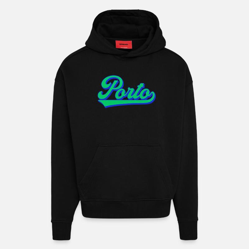 Porto Neon Script Rétro - Sweat à capuche bio épais oversize fabriqué en UE - SOLID BLACK