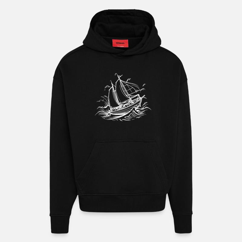 Dessin de voilier - Sweat à capuche bio épais oversize fabriqué en UE - SOLID BLACK