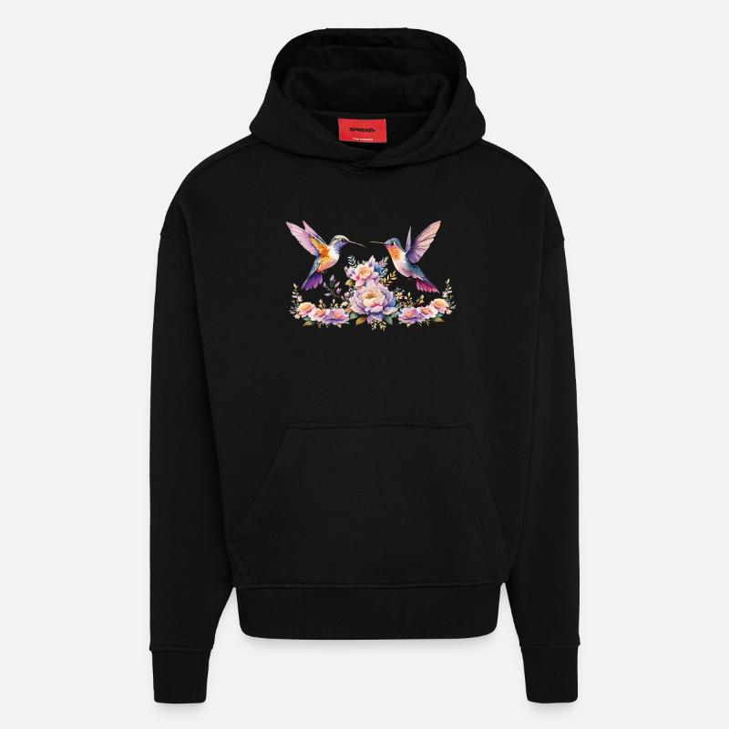 Aquarelle de colibri et de fleurs - Sweat à capuche bio épais oversize fabriqué en UE - SOLID BLACK