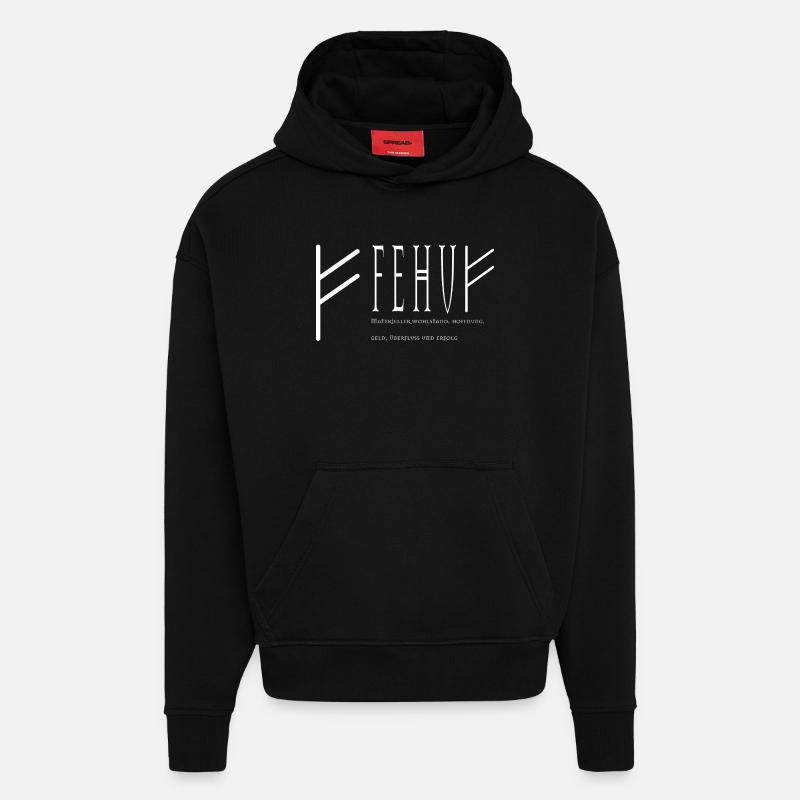 Lettrage Fehu design blanc - Sweat à capuche bio épais oversize fabriqué en UE - SOLID BLACK