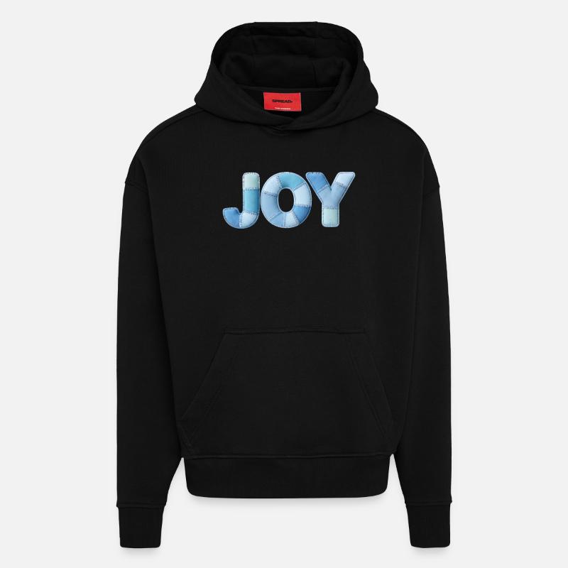 Lettrage Joyeuse en patchwork bleu - Sweat à capuche bio épais oversize fabriqué en UE - SOLID BLACK
