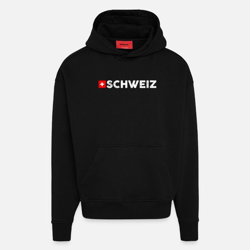 Drapeau de la Suisse - Sweat à capuche bio épais oversize fabriqué en UE - SOLID BLACK