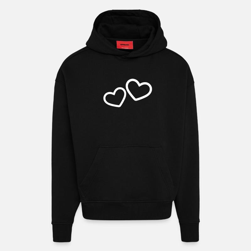 Deux cœurs blancs - Sweat à capuche bio épais oversize fabriqué en UE - SOLID BLACK