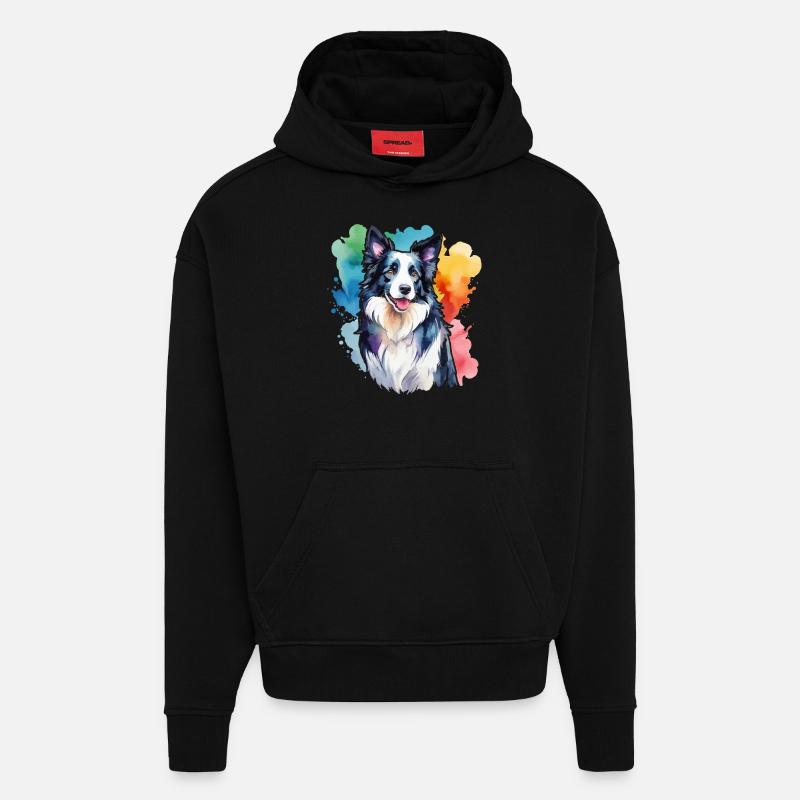 Border Collie Aquarelles - Sweat à capuche bio épais oversize fabriqué en UE - SOLID BLACK