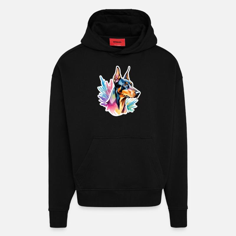 Doberman Aquarelles - Sweat à capuche bio épais oversize fabriqué en UE - SOLID BLACK