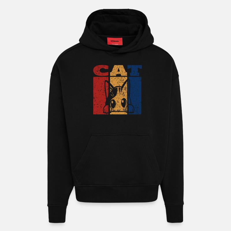 Design rétro de chat Peeking - Sweat à capuche bio épais oversize fabriqué en UE - SOLID BLACK