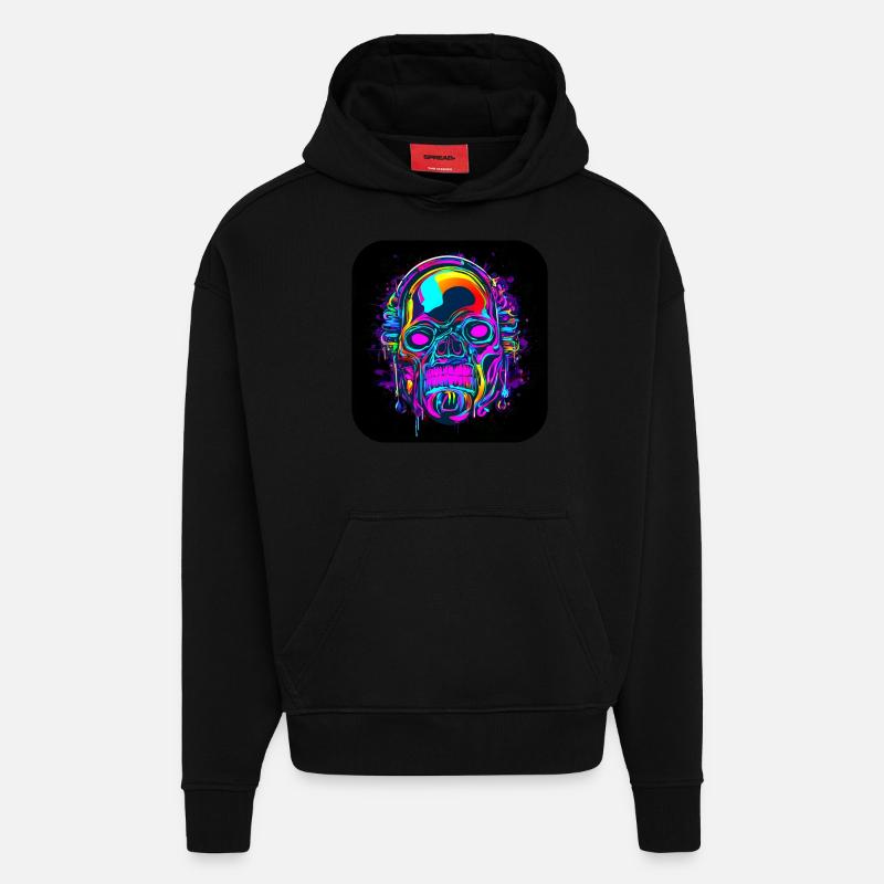 Neon Crâne Abstrait Style Cyberpunk - Sweat à capuche bio épais oversize fabriqué en UE - SOLID BLACK