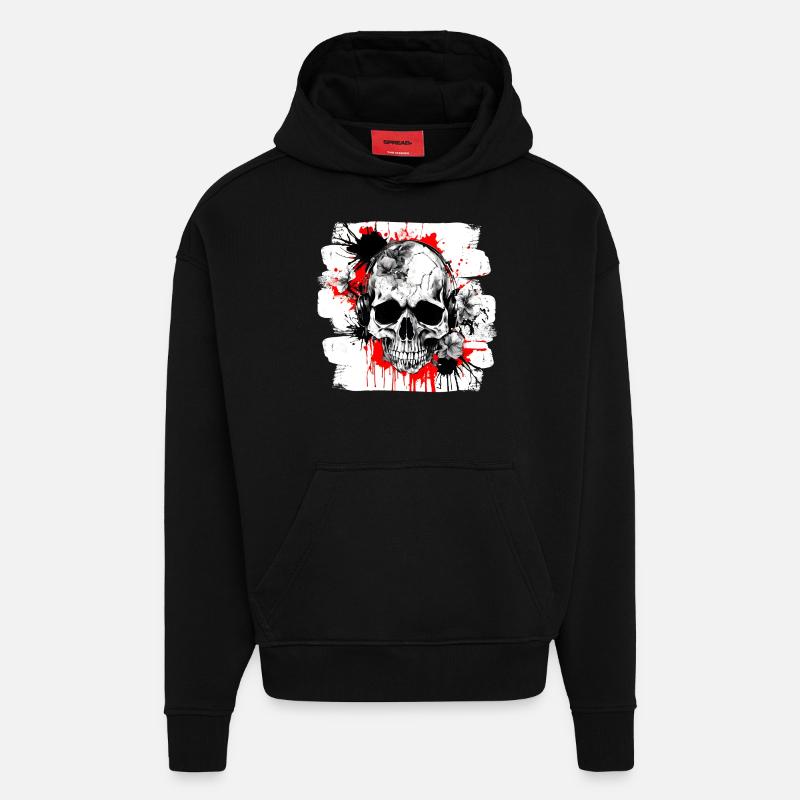 crâne éclaboussure trash polka tattoo - Sweat à capuche bio épais oversize fabriqué en UE - SOLID BLACK