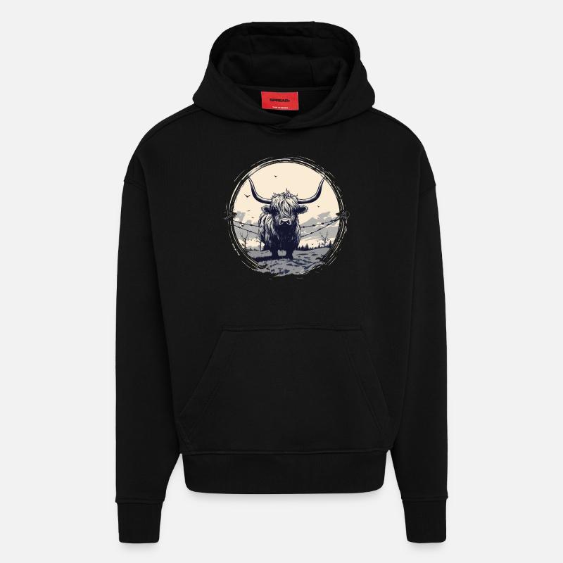 Bovins écossais des Highlands - Sweat à capuche bio épais oversize fabriqué en UE - SOLID BLACK