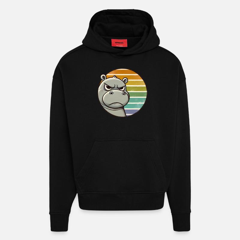 Grumpy Hippo Retro Rainbow Design - Hoodie- made by SPREAD  - SOLID BLACK