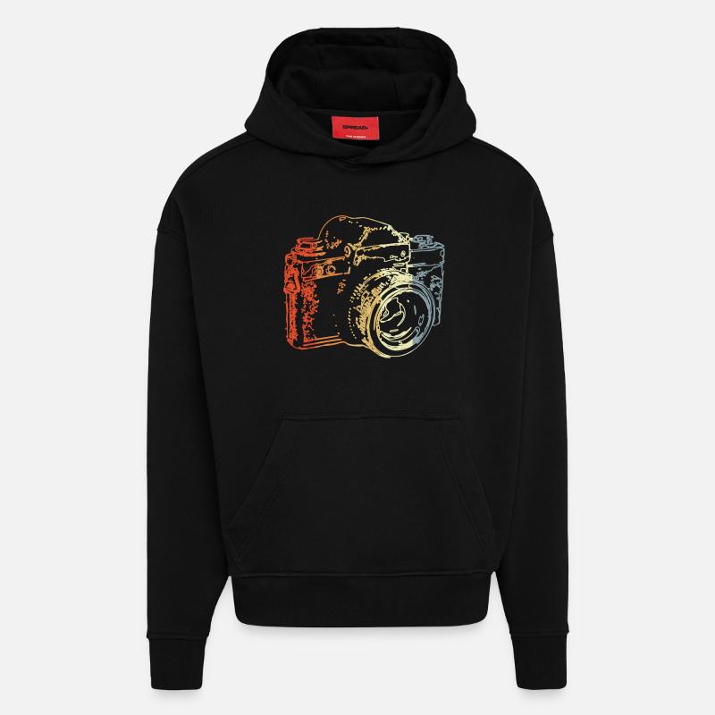Dessin de caméra analogique rétro - Sweat à capuche bio épais oversize fabriqué en UE - SOLID BLACK