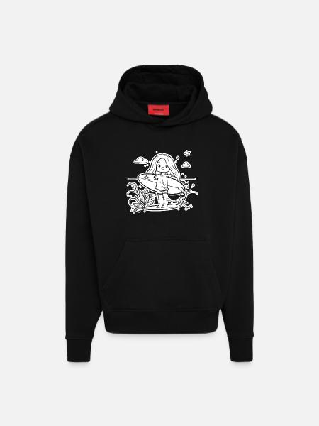 Surfeuse fille dessin animé - Sweat à capuche bio épais oversize fabriqué en UE - SOLID BLACK