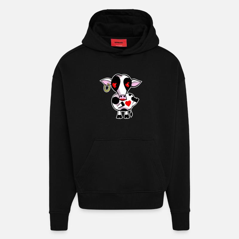Vache avec cœur - Sweat à capuche bio épais oversize fabriqué en UE - SOLID BLACK