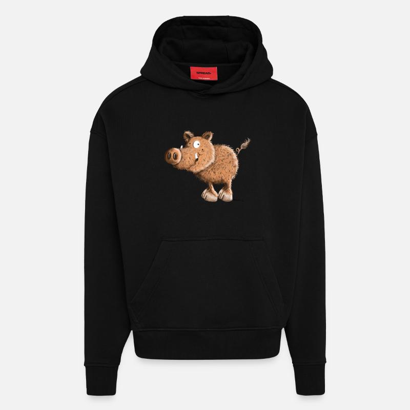 Happy sanglier - sangliers - dessin animé - Sweat à capuche bio épais oversize fabriqué en UE - SOLID BLACK