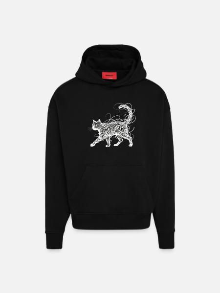 Minimalistisk krusedulle katte-stregkunst japansk - Heavyweight oversized organic hoodie made in EU - SOLID BLACK