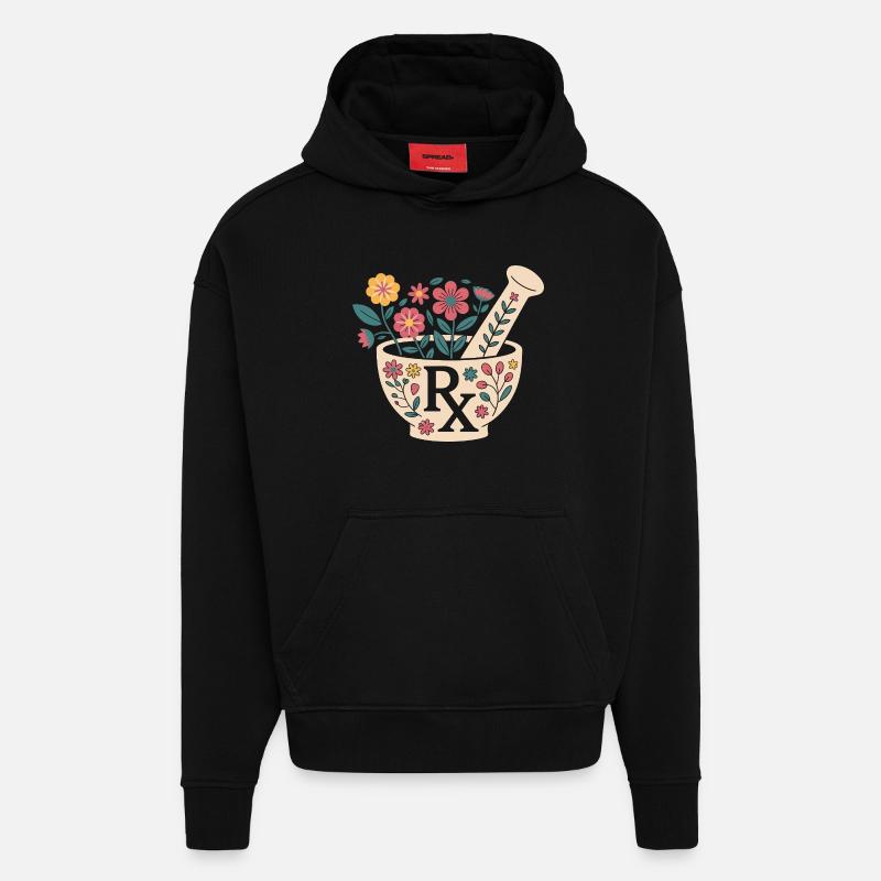 Motif d’herbes en mortier fleuri - Sweat à capuche bio épais oversize fabriqué en UE - SOLID BLACK