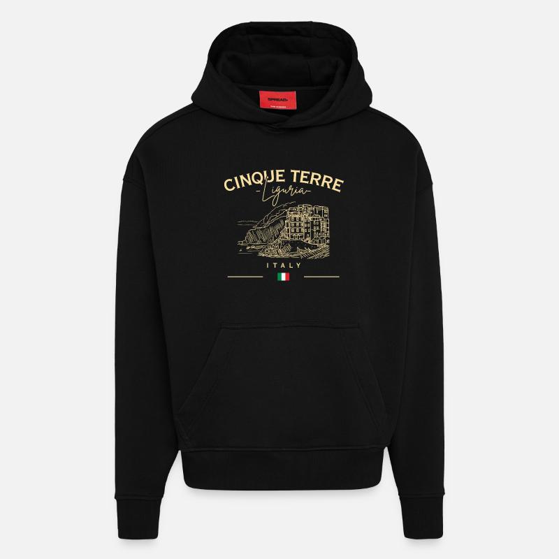 Sketch côtier des Cinque Terre - Sweat à capuche bio épais oversize fabriqué en UE - SOLID BLACK