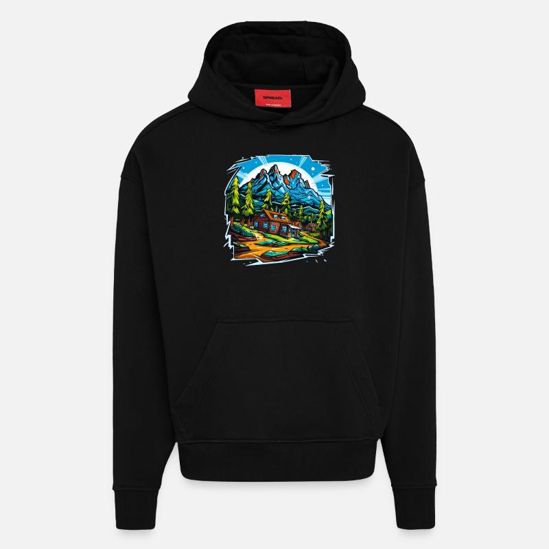 Paysage - Illustration - Sweat à capuche bio épais oversize fabriqué en UE - SOLID BLACK