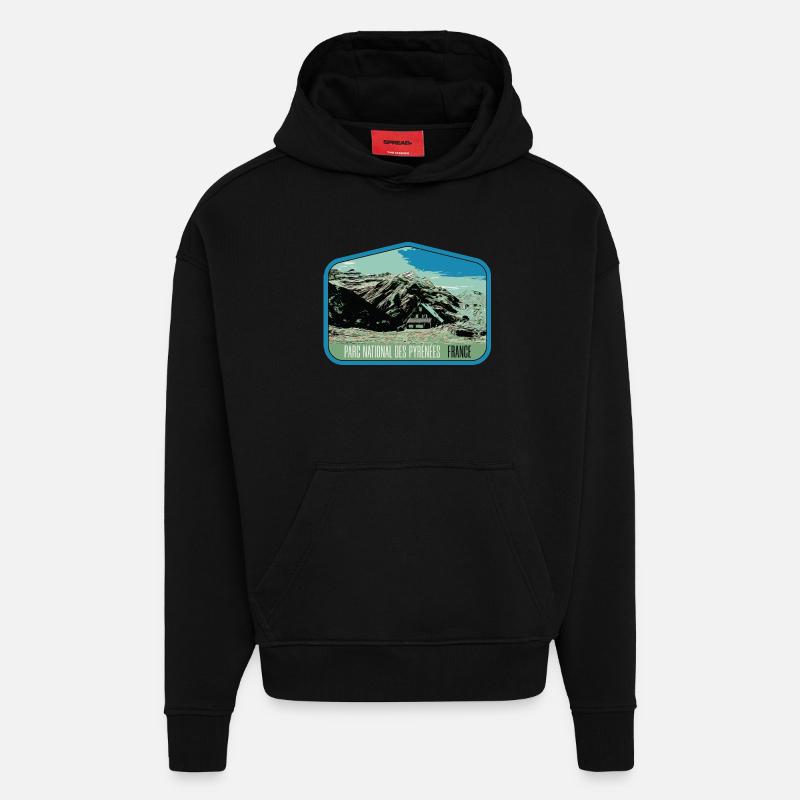 Écusson Paysage Pyrénées : Nature Authentique - Sweat à capuche bio épais oversize fabriqué en UE - SOLID BLACK