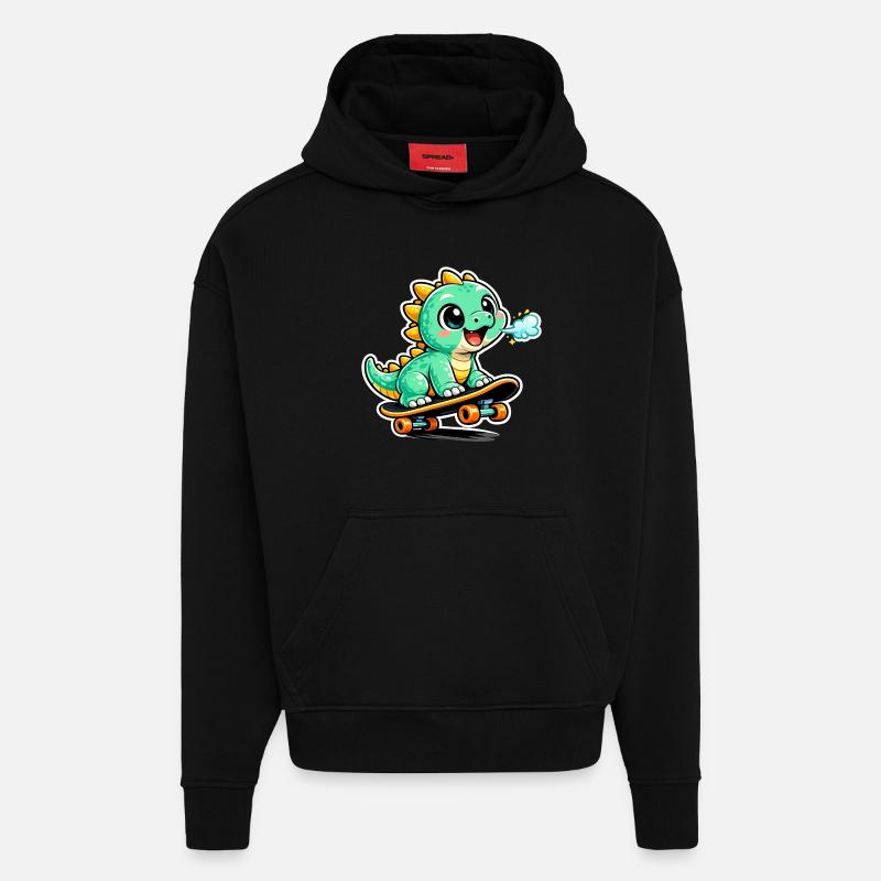Héros du skateboard Dino vert - Sweat à capuche bio épais oversize fabriqué en UE - SOLID BLACK
