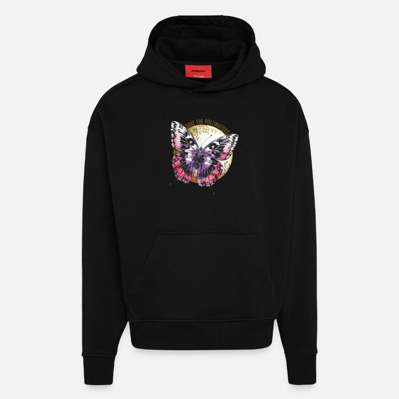 Sauvons les pollinisateurs - Papillon violet - Sweat à capuche bio épais oversize fabriqué en UE - SOLID BLACK