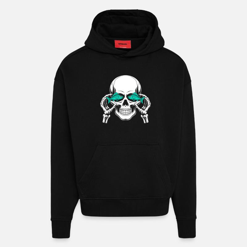 Skull and crossbones with fish - Hoodie- made by SPREAD - SOLID BLACK