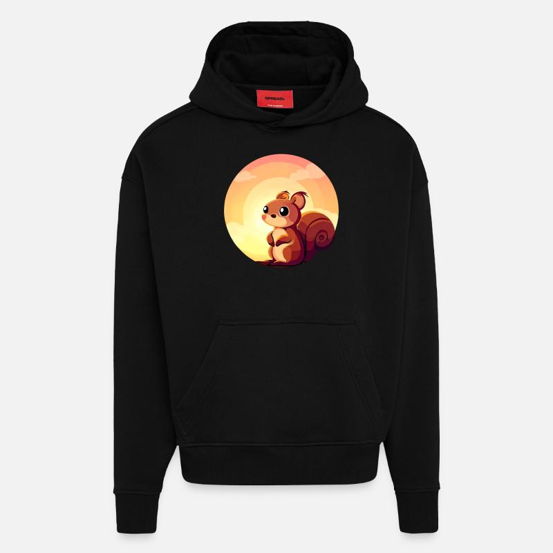 Squirrel Round Sunset Design - Sweat à capuche bio épais oversize fabriqué en UE - SOLID BLACK