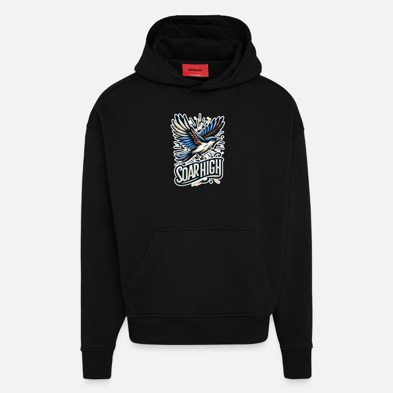 Soar High - illustration d'oiseau - Sweat à capuche bio épais oversize fabriqué en UE - SOLID BLACK