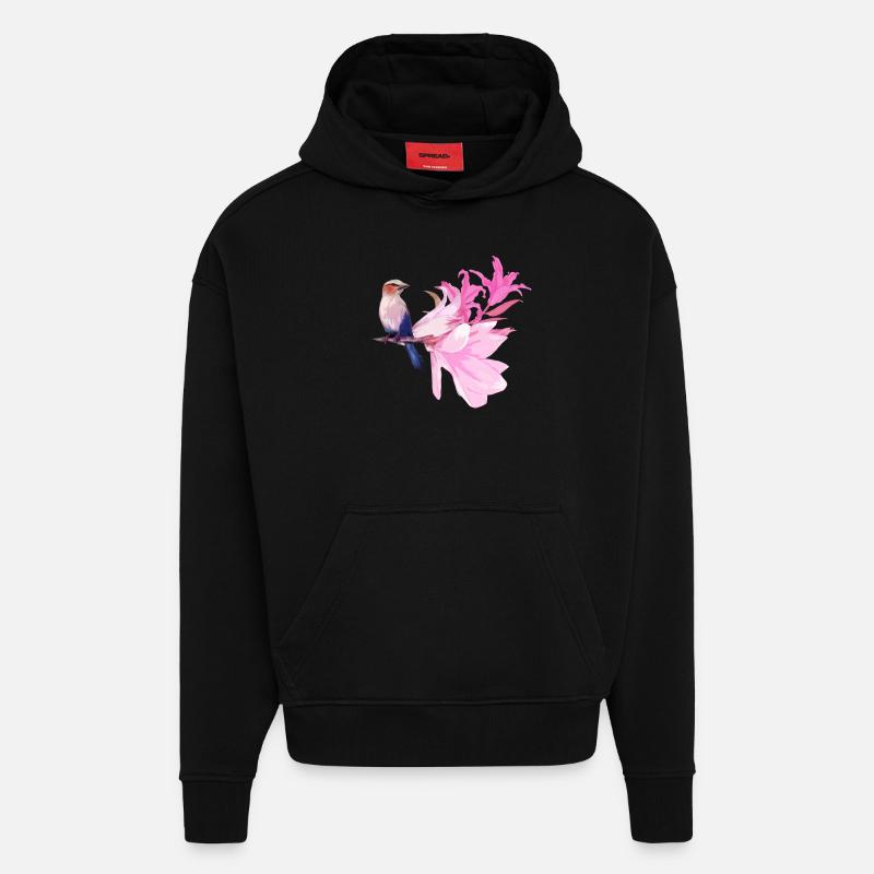 Vogel mit Blüten - Hoodie- made by SPREAD - SOLID BLACK