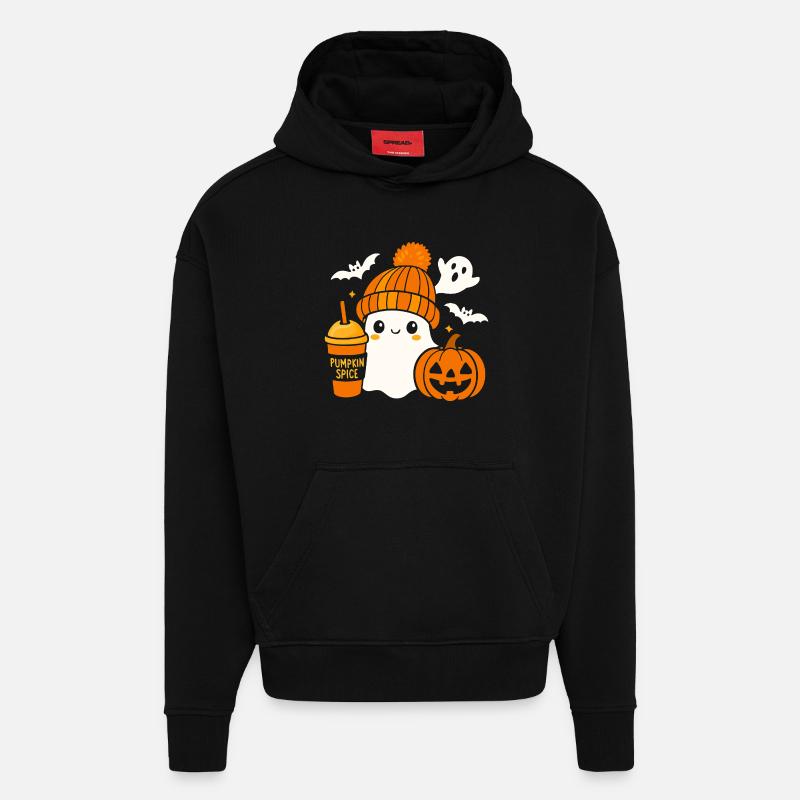 Cute Ghost Coffee Hat Cartoon Halloween - Hoodie- made by SPREAD  - SOLID BLACK