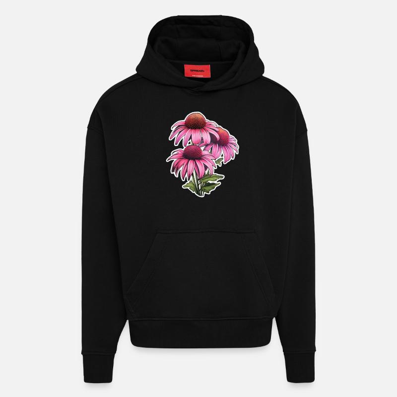 Échinacée 3 Fleurs - Sweat à capuche bio épais oversize fabriqué en UE - SOLID BLACK