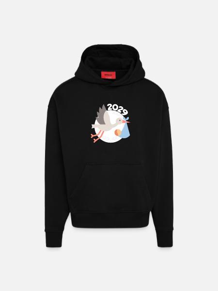 Cigogne avec bébé 2029 - Sweat à capuche bio épais oversize fabriqué en UE - SOLID BLACK