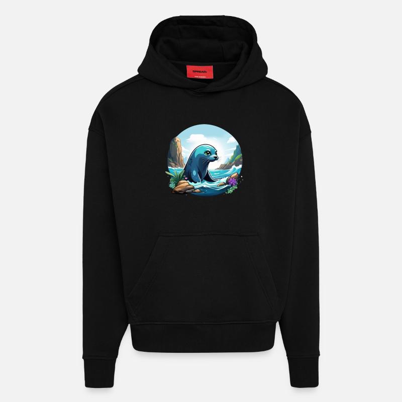 Robbe an der Küste - Hoodie- made by SPREAD  - SOLID BLACK