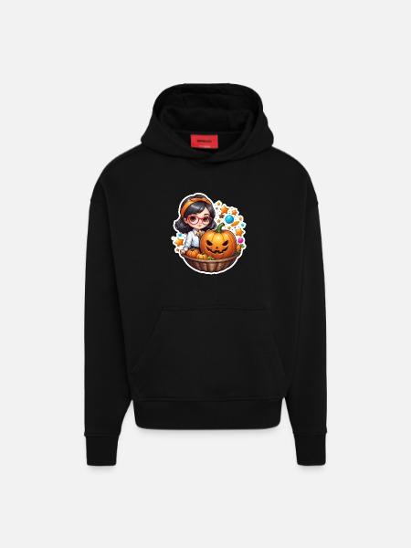 Filles Halloween Citrouille Panier - Sweat à capuche bio épais oversize fabriqué en UE - SOLID BLACK