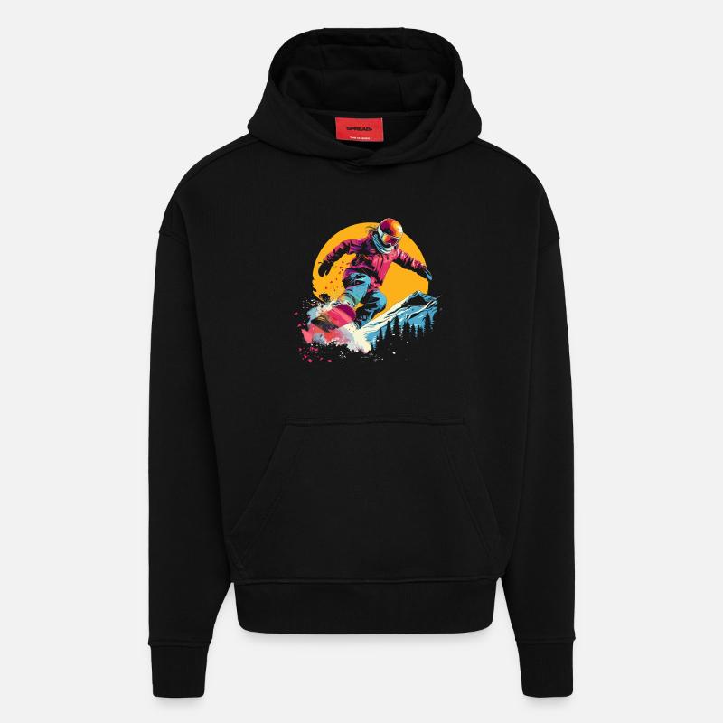 Snowboarder Synthwave - Sweat à capuche bio épais oversize fabriqué en UE - SOLID BLACK