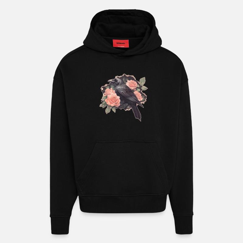 Ravn med roser - Heavyweight oversized organic hoodie made in EU - SOLID BLACK