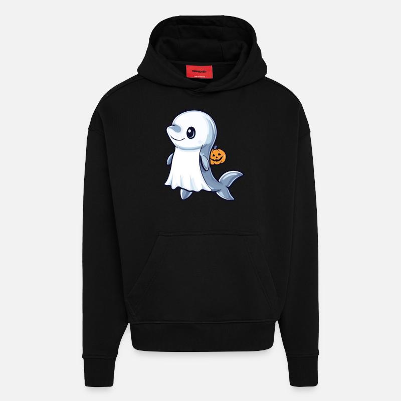 Dolphin Halloween Comic Ghost - Hoodie- made by SPREAD - SOLID BLACK