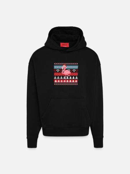 Flamant de Noël laid - Sweat à capuche bio épais oversize fabriqué en UE - SOLID BLACK