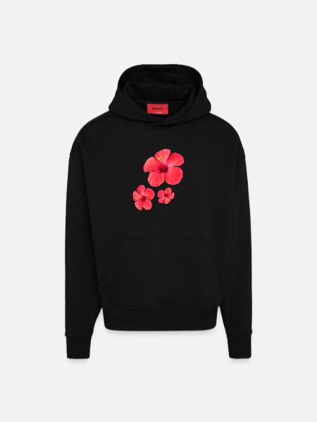 Red Hibiscus Blossoms Triple - Hoodie- made by SPREAD  - SOLID BLACK
