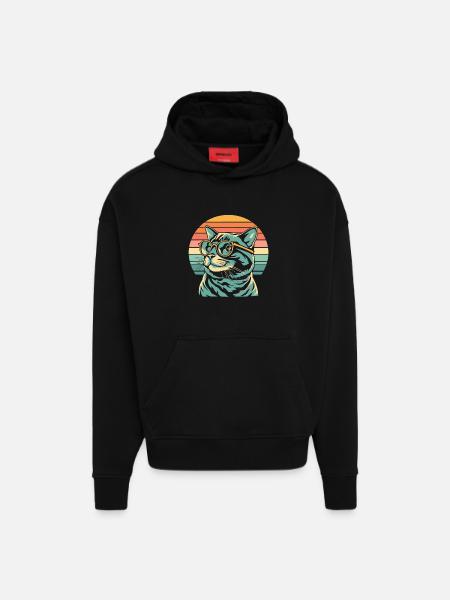 Retro Sunset Cat with Glasses - Hoodie- made by SPREAD - SOLID BLACK