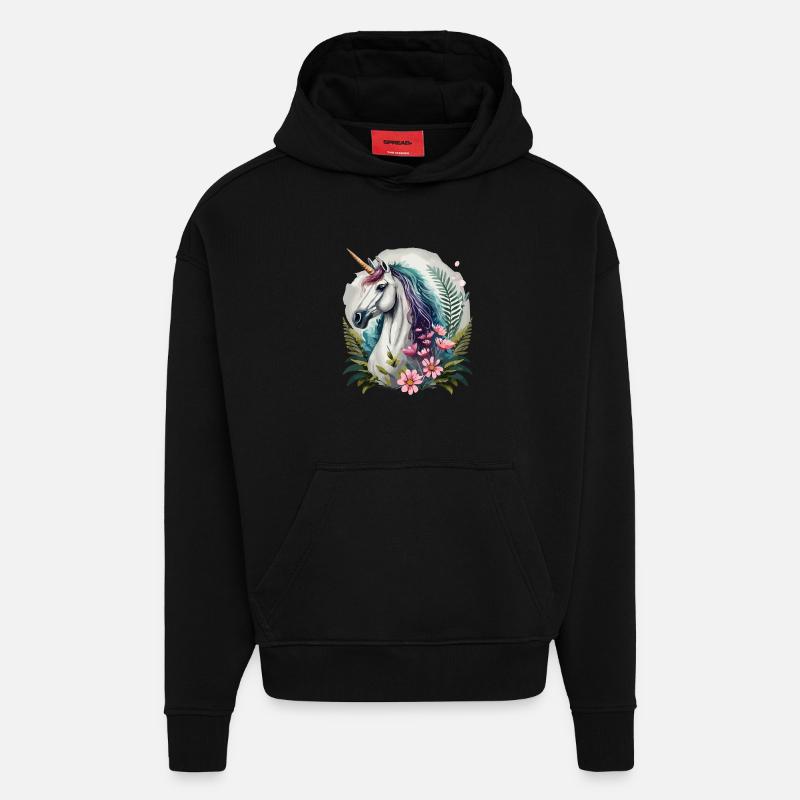 Wunderschönes Einhorn mit Blumen - Hoodie- made by SPREAD - SOLID BLACK
