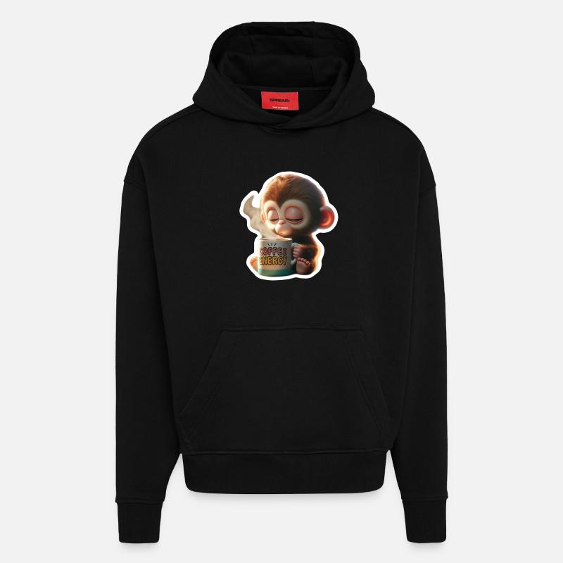 Coffee Energy Monkey Illustration - Hoodie- made by SPREAD  - SOLID BLACK