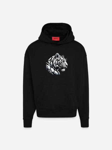 Tiger Head Geometric Geometry Gift - Hoodie- made by SPREAD - SOLID BLACK