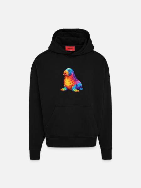 Tricheco colorato kawaii cartone animato animale marino - Felpa con cappuccio ecologica oversize Heavyweight Made in UE - SOLID BLACK